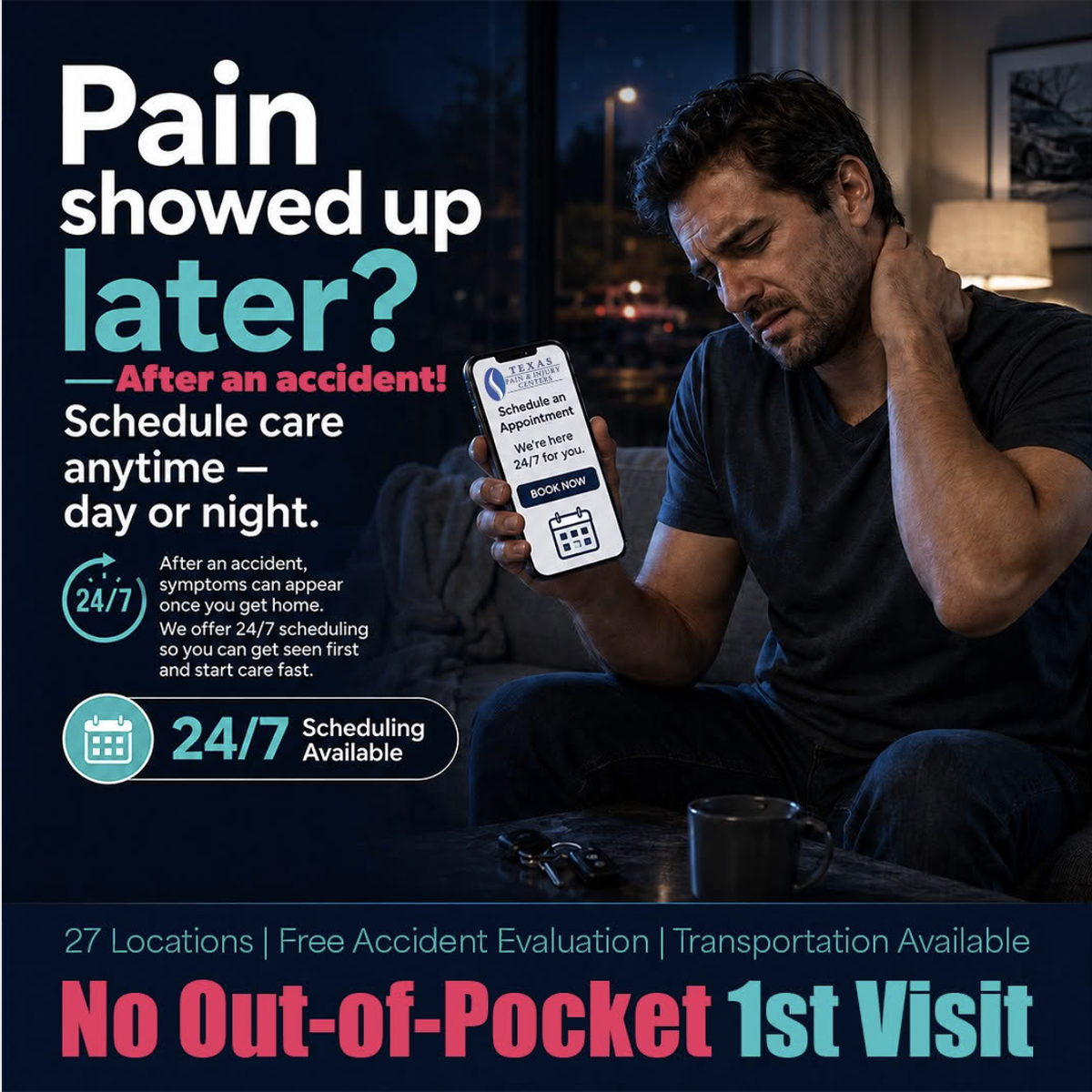 Static ad: Pain showed up later? Schedule care anytime, 24/7 scheduling available