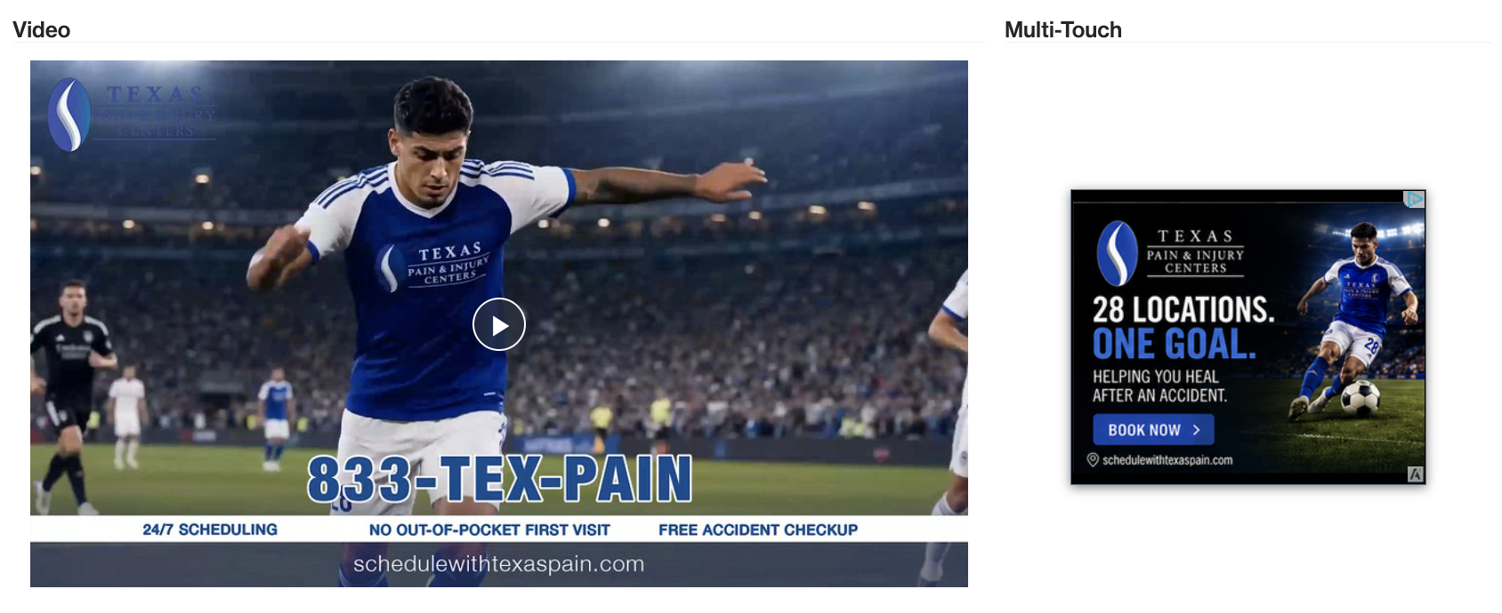 MNTN multi-touch view showing the Texas Pain soccer television spot paired with the matching display retargeting banner