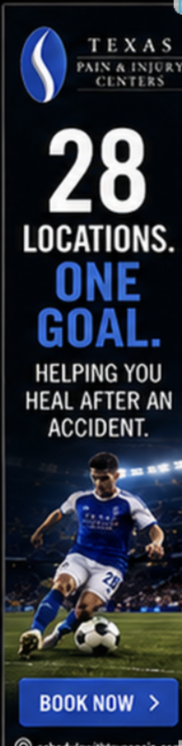 Texas Pain & Injury Centers wide skyscraper banner: 28 Locations. One Goal. soccer creative
