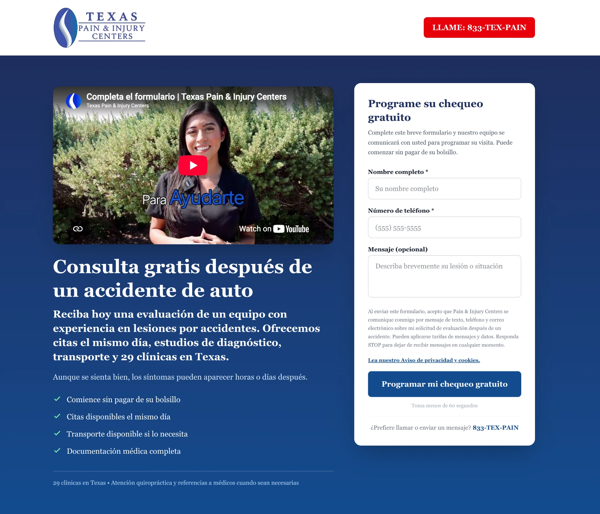 ScheduleWithTexasPain.com Spanish landing page: Consulta gratis despues de un accidente de auto with a Programe su chequeo gratuito form