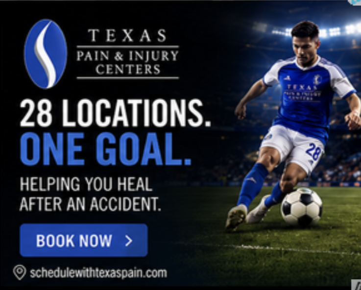 Texas Pain & Injury Centers medium rectangle banner: 28 Locations. One Goal. Helping you heal after an accident, with Book Now button