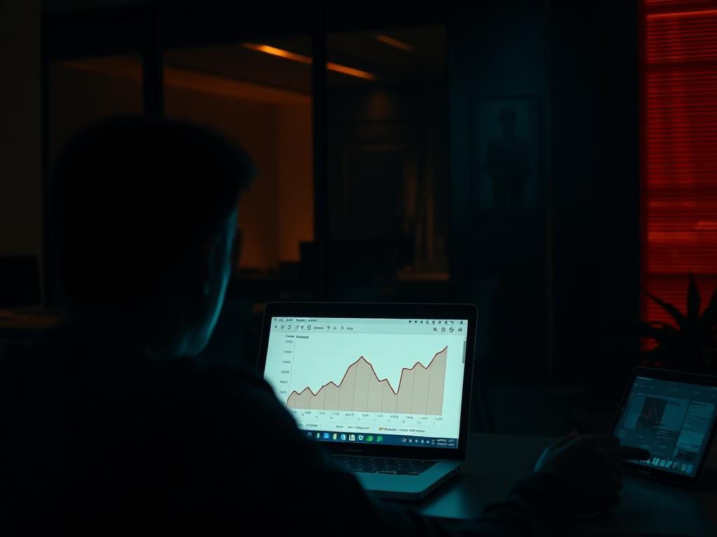Person reviewing a rising analytics chart on a laptop in a dark office