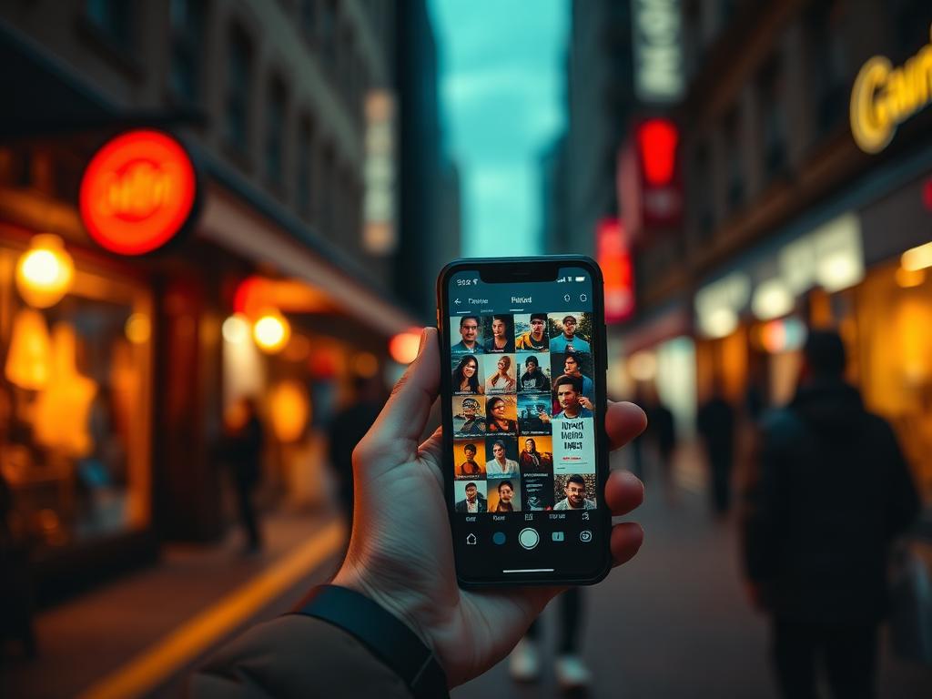 Hand holding a phone with a social feed on a city street at dusk