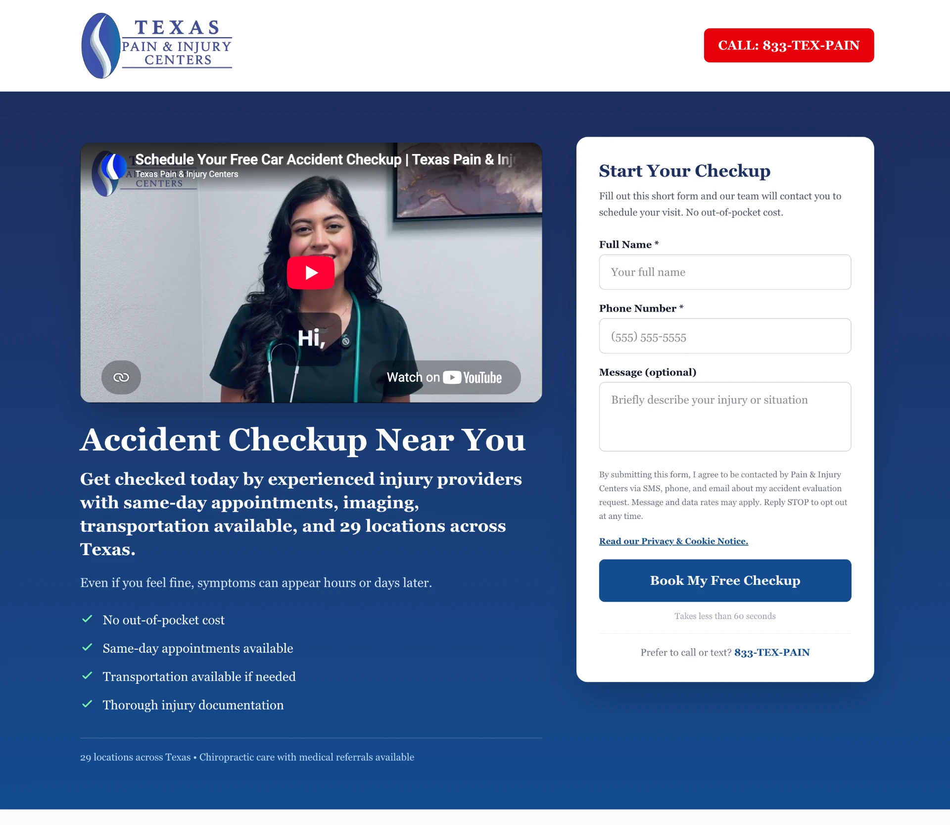 ScheduleWithTexasPain.com English landing page: provider video, Accident Checkup Near You headline, benefit checklist and a Start Your Checkup form