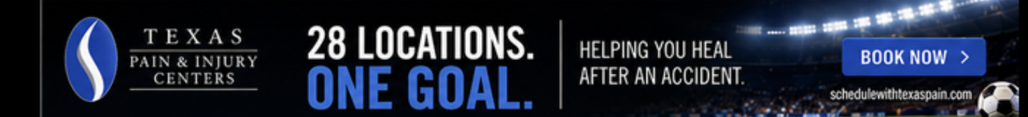 Texas Pain & Injury Centers leaderboard banner: 28 Locations. One Goal. Helping you heal after an accident
