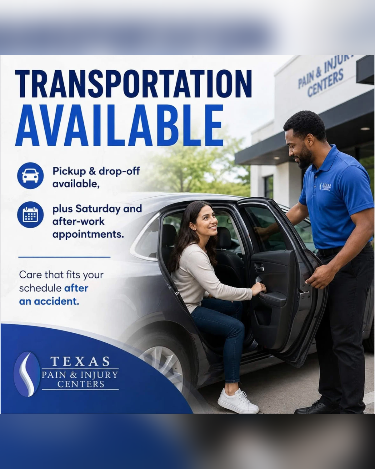 Social ad: Transportation available, pickup and drop-off plus Saturday and after-work appointments