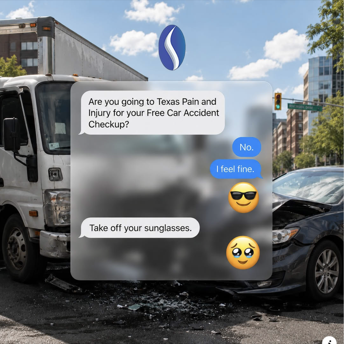 Static ad showing a text-message exchange after a crash with the line I feel fine