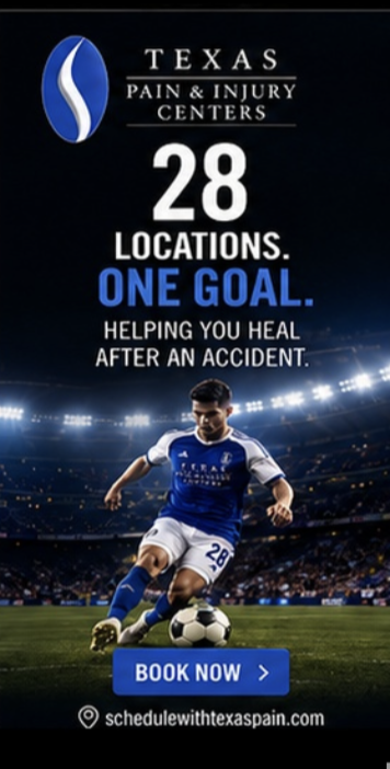 Texas Pain & Injury Centers half-page banner: 28 Locations. One Goal. soccer creative with Book Now button